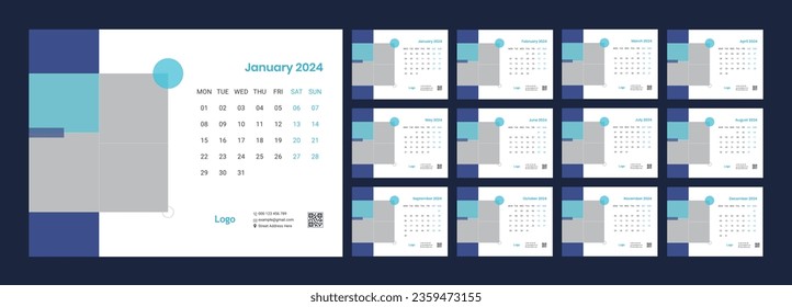 Calendar 2024 template, Desk calendar design, Happy New year, minimal trendy style, table calendar, desk calendar layout, Week start on Monday, Set of 12 Months, vector illustration