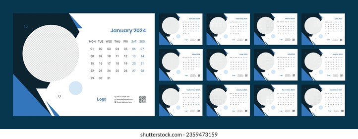 Calendar 2024 template, Desk calendar design, Happy New year, minimal trendy style, table calendar, desk calendar layout, Week start on Monday, Set of 12 Months, vector illustration