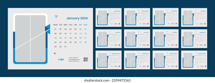 Calendar 2024 template, Desk calendar design, Happy New year, minimal trendy style, table calendar, desk calendar layout, Week start on Monday, Set of 12 Months, vector illustration