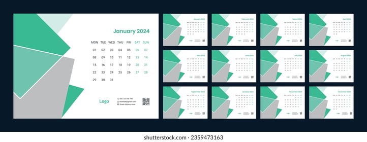 Calendar 2024 template, Desk calendar design, Happy New year, minimal trendy style, table calendar, desk calendar layout, Week start on Monday, Set of 12 Months, vector illustration