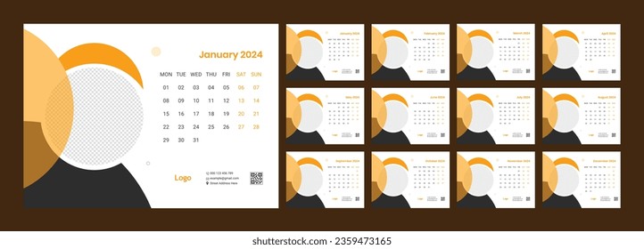 Calendar 2024 template, Desk calendar design, Happy New year, minimal trendy style, table calendar, desk calendar layout, Week start on Monday, Set of 12 Months, vector illustration