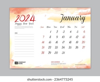 Calendar 2024 template, Desk Calendar 2024 template, January 2024, week start on sunday, Wall calendar, planner, stationery, Printing template, organizer office, Red watercolor background, vector