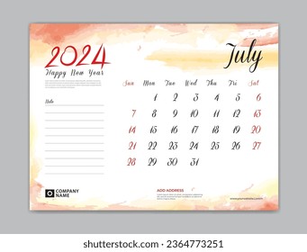 Calendar 2024 template, Desk Calendar 2024 template, July 2024, week start on sunday, Wall calendar, planner, stationery, Printing template, organizer office, Red watercolor background, vector