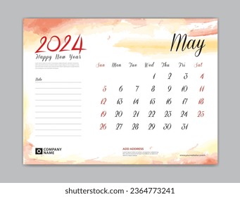 Calendar 2024 template, Desk Calendar 2024 template, May 2024, week start on sunday, Wall calendar, planner, stationery, Printing template, organizer office, Red watercolor background, vector