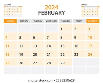 Calendar 2024 template- February 2024 year, monthly planner, Desk Calendar 2024 template, Wall calendar design, Week Start On Sunday, Stationery, printing, office organizer vector, orange background
