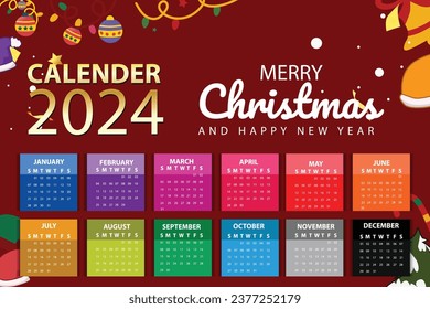 Calendar 2024 template flyer with modern design and winter element for new year 2024 