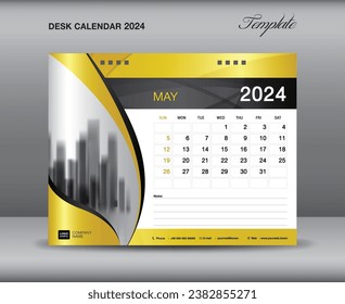 Calendar 2024 template gold concept, May 2024 template, Desk calendar 2024 year on gold backgrounds luxurious concept, Wall calendar design, planner, printing media, flyer, vector