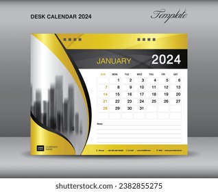 Calendar 2024 template gold concept, January 2024 template, Desk calendar 2024 year on gold backgrounds luxurious concept, Wall calendar design, planner, printing media, flyer, vector