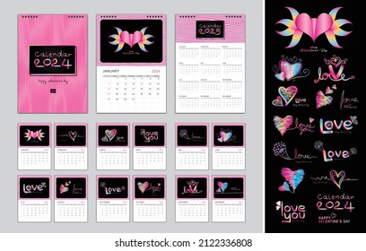 Calendar 2024 template for Holiday, Happy valentine's day concept, Desk calendar 2024 year, Wall calendar 2025 design, Planner, poster, printing, valentine's day element, hearts and love text vector