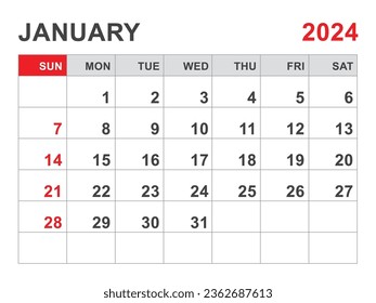 Calendar 2024 template, January 2024 layout, Printable minimalist monthly planner, Desk Calendar 2024 template, Wall calendar design, Week Start On Sunday, Stationery, printing, red color, vector
