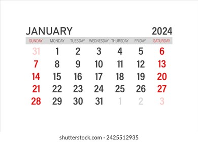 Calendar 2024 template. January 2024 layout. Printable minimalist monthly planner. Desk Calendar design. Week Start On Sunday