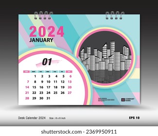 Calendar 2024 template - January 2024 month layout, Desk calendar 2024 year, calendar Planner design, Week starts on Sunday, wall calendar, stationery, organizer office, pastel background, vector 