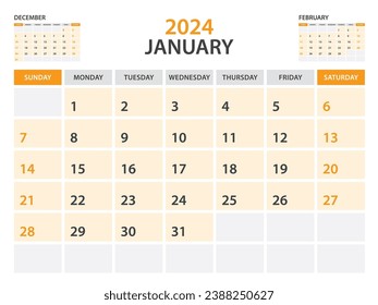 Calendar 2024 template- January 2024 year, monthly planner, Desk Calendar 2024 template, Wall calendar design, Week Start On Sunday, Stationery, printing, office organizer vector, orange background