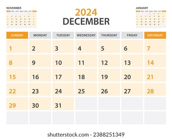 Calendar 2024 template- January 2024 year, monthly planner, Desk Calendar 2024 template, Wall calendar design, Week Start On Sunday, Stationery, printing, office organizer vector, orange background