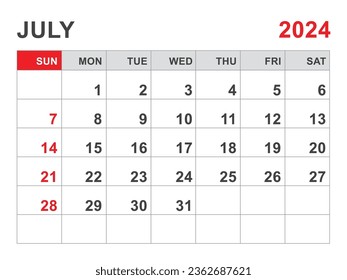 Calendar 2024 template, July 2024 layout, Printable minimalist monthly planner, Desk Calendar 2024 template, Wall calendar design, Week Start On Sunday, Stationery, printing, red color, vector
