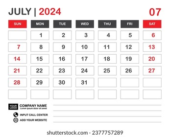 Calendario 2024 plantilla Diseño de julio de 2024, Calendario de escritorio 2024 año, Diseño de calendario de pared, La semana comienza el domingo, Planificador, Impresión, afiche, organizador, anuncio, Fondo rojo, vector