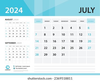Calendar 2024 template, July 2024 year, Desk Calendar 2024 template, Week Start On Sunday, Wall calendar design, Planner layout, Stationery, Poster, printing media, Blue background vector
