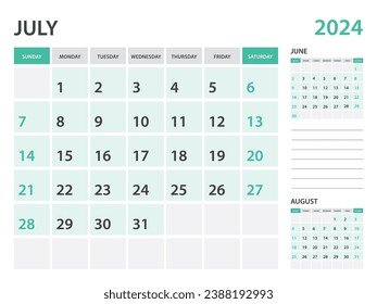 Calendar 2024 template- July 2024 year, monthly planner, Desk Calendar 2024 template, Wall calendar design, Week Start On Sunday, Stationery, printing, office organizer vector