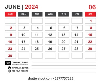 Calendar 2024 template, June 2024 layout, Desk calendar 2024 year, Wall calendar design, Week starts on sunday, Planner, Printing media, poster, organizer, advertisement, Red background, vector