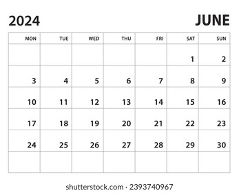 Plantilla Calendario 2024 - Vector de junio de 2024 sobre fondo blanco, inicio de semana el lunes, calendario de escritorio 2024 año, diseño de calendario de pared, plantilla de planificador corporativo, estilo limpio, plantilla horizontal