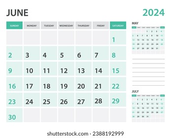 Calendar 2024 template- June 2024 year, monthly planner, Desk Calendar 2024 template, Wall calendar design, Week Start On Sunday, Stationery, printing, office organizer vector