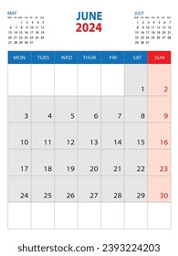 Calendar 2024 template - June 2024 year, week start on monday, Wall calendar 2024 design, Desk calendar template, corporate planner, Stationery, organizer diary, printing media, vector