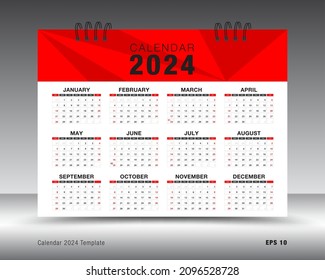 Diseño de plantilla Calendario 2024, calendario anual de 12 meses establecido en 2024, calendario de escritorio 2024 diseño, calendario de pared, folleto, medios impresos, publicidad, diseño simple, planificador, afiche, vector