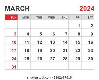 Calendar 2024 template, March 2024 layout, Printable minimalist monthly planner, Desk Calendar 2024 template, Wall calendar design, Week Start On Sunday, Stationery, printing, red color, vector
