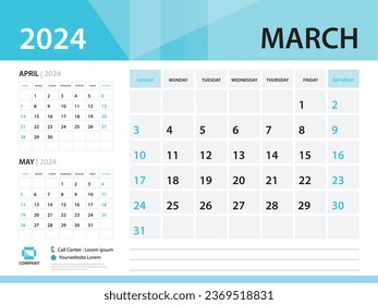 Calendar 2024 template, March 2024 year, Desk Calendar 2024 template, Week Start On Sunday, Wall calendar design, Planner layout, Stationery, Poster, printing media, Blue background vector