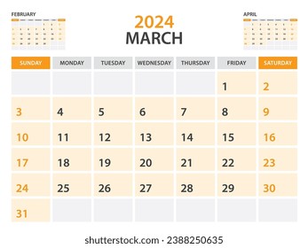 Calendar 2024 template- March 2024 year, monthly planner, Desk Calendar 2024 template, Wall calendar design, Week Start On Sunday, Stationery, printing, office organizer vector, orange background