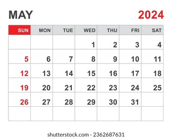 Calendar 2024 template, May 2024 layout, Printable minimalist monthly planner, Desk Calendar 2024 template, Wall calendar design, Week Start On Sunday, Stationery, printing, red color, vector
