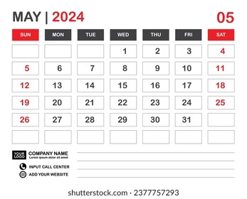 Calendar 2024 template, May 2024 layout, Desk calendar 2024 year, Wall calendar design, Week starts on sunday, Planner, Printing media, poster, organizer, advertisement, Red background, vector