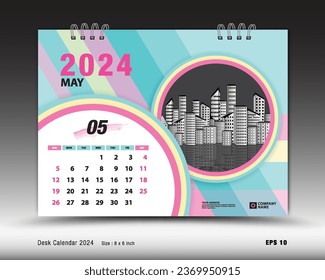 Calendar 2024 template - May 2024 month layout, Desk calendar 2024 year, calendar Planner design, Week starts on Sunday, wall calendar, stationery, organizer office, pastel background, vector 