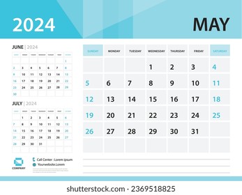 Calendar 2024 template, May 2024 year, Desk Calendar 2024 template, Week Start On Sunday, Wall calendar design, Planner layout, Stationery, Poster, printing media, Blue background vector