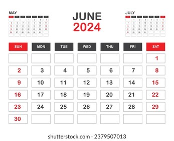 Calendar 2024 template minimal style, June 2024 template, Desk calendar 2023 year, Wall calendar, Week starts on sunday, Planner, Printing media, poster, advertisement, Red background vector