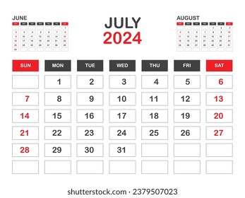 Calendar 2024 template minimal style, July 2024 template, Desk calendar 2023 year, Wall calendar, Week starts on sunday, Planner, Printing media, poster, advertisement, Red background vector