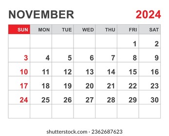 Calendar 2024 template, November 2024 layout, Printable minimalist monthly planner, Desk Calendar 2024 template, Wall calendar design, Week Start On Sunday, Stationery, printing, red color, vector
