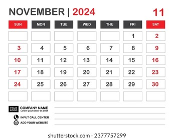 Calendar 2024 template, November 2024 layout, Desk calendar 2024 year, Wall calendar design, Week starts on sunday, Planner, Printing media, poster, organizer, advertisement, Red background, vector