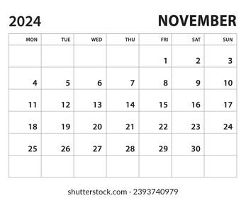 Plantilla Calendario 2024 - Vector de noviembre de 2024 sobre fondo blanco, inicio de semana el lunes, calendario de escritorio 2024 año, diseño de calendario de pared, plantilla de planificador corporativo, estilo limpio, plantilla horizontal