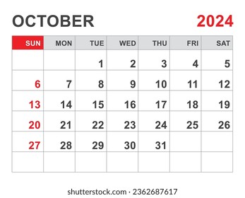 Plantilla Calendario 2024, Diseño de octubre de 2024, Planner mensual imprimible minimalista, Plantilla de calendario de escritorio 2024, Diseño de calendario de pared, Inicio de semana el domingo, Papelería, impresión, color rojo, vector
