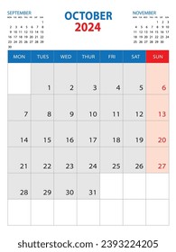 Plantilla Calendario 2024 - Octubre de 2024 año, semana de inicio lunes, calendario de pared 2024 diseño, plantilla de calendario de escritorio, planificador corporativo, Stationery, diario de organizadores, medios de impresión, vector