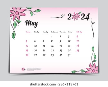Calendar 2024 template on pink flowers background, May 2024 template, Monthly calendar planner artwork, Desk calendar 2024 design, Wall Calendar design, Poster, simple, vector eps10