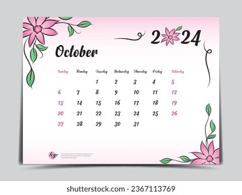 Calendar 2024 template on pink flowers background, October 2024 template, Monthly calendar planner artwork, Desk calendar 2024 design, Wall Calendar design, Poster, simple, vector eps10