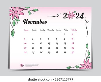 Plantilla de calendario 2024 sobre fondo de flores rosas, plantilla de noviembre de 2024, obra de arte del planificador mensual del calendario, diseño del calendario de escritorio 2024, diseño del calendario de paredes, póster, sencillo, vector eps10