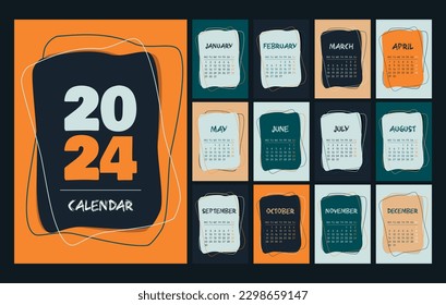 Calendar 2024 template, orange, green, peach, white and black desk calendar design. Week start On Monday planner