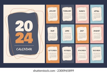 Calendar 2024 template, orange, pink, blue and white desk calendar design. Week start On Sunday, planner, wall calendar. Vector illustration