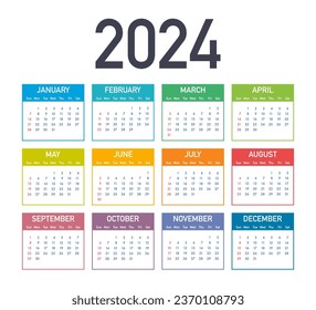 Calendar 2024 template, Planner 2024 year. Set of 12 calendar, advertisement, printing. Vector stock illustration