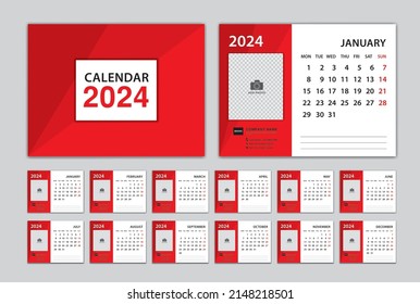 Calendar 2024 template and red cover design, Desk Calendar 2024 year, Set of 12 Months, planners, Week Starts on Monday, Wall calendar 2024 template, corporate planner, organization, printing, vector