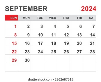 Calendar 2024 template, Semtember 2024 layout, Printable minimalist monthly planner, Desk Calendar 2024 template, Wall calendar design, Week Start On Sunday, Stationery, printing, red color, vector
