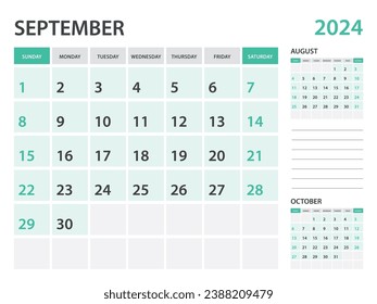 Calendar 2024 template- September 2024 year, monthly planner, Desk Calendar 2024 template, Wall calendar design, Week Start On Sunday, Stationery, printing, office organizer vector